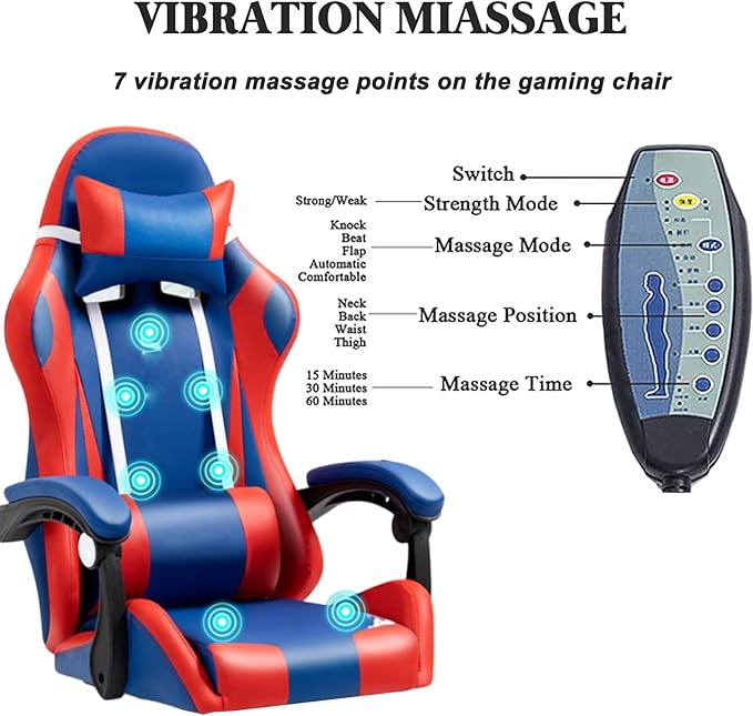 RGB Gaming Chair with Footrest Ergonomic Massage Computer Desk Chair Video Gaming Chair with Speakers Lumbar Support Height &amp Angles Adjustable Reclining Gamer ChairRgb/speaker/7 point massage