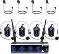 Rechargeable Wireless Microphone System 4 Channel Pro UHF Metal Headset Lavalier Lapel Mics Cordless for Church Karaoke Singing with Volume Control 4x50 Frequency(G8)