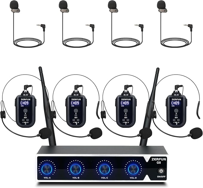 Rechargeable Wireless Microphone System 4 Channel Pro UHF Metal Headset Lavalier Lapel Mics Cordless for Church Karaoke Singing with Volume Control 4x50 Frequency(G8)