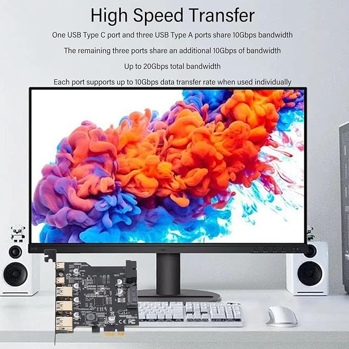 PCIe to USB 3.2 Gen 2 Expansion Card with 20 Gbps Speed 5-Port USB Hub (3 Type A + 2 Type C) for Desktop PC Compatible with USB 3.2 Devices Supports Windows Linux and macOS Operating Systems