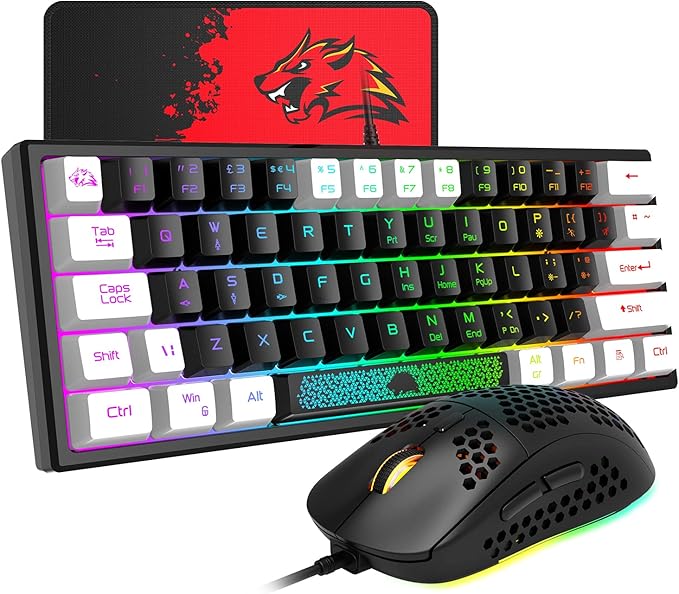 60% Gaming Keyboard and Mouse Combo Portable Mini RGB Backlight Black White Duble Color Keycaps Mechanical Feeling and RGB 6400 DPI Honeycomb Optical MouseGaming Mouse pad for Gamers and Typists