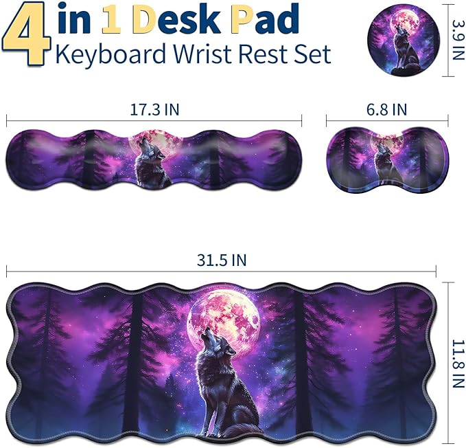 4-Piece XXL Gaming Mouse Pad Set (31.5x11.8) with Keyboard Wrist RestMouse Wrist Support &amp CoasterErgonomic Non-Slip Desk Mat for Office &amp HomeMoon Wolf Howling