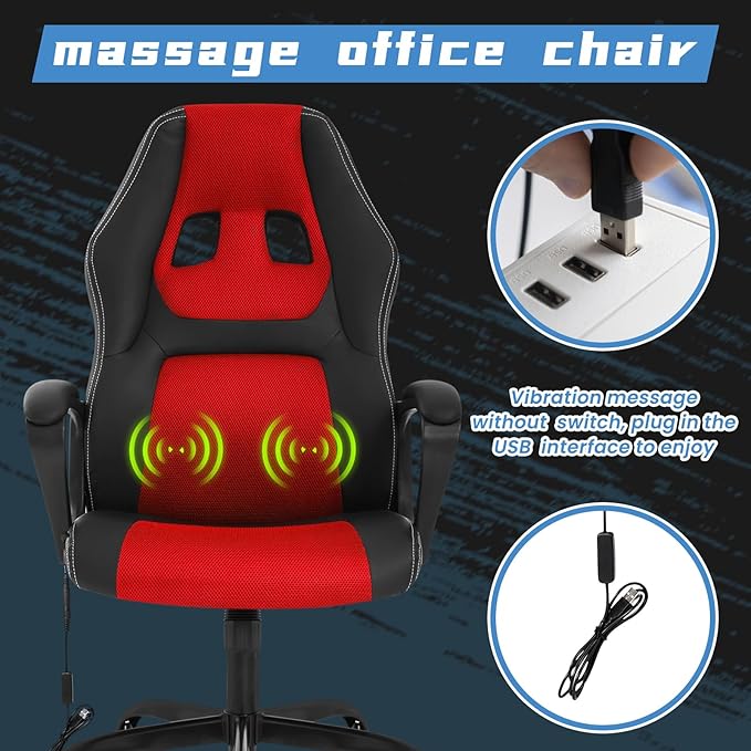 High-Back Racing Gaming Chair with Massage Lumbar Support - Ergonomic Adjustable Swivel - Black PU Leather - Perfect for Home Office or Gaming (Red)