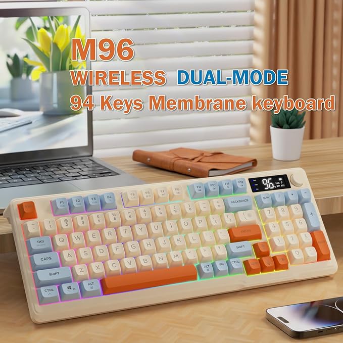 ZIYOU LANG M96 Wireless Gaming Silent Membrane KeyboardDisplay Screen &amp Knob with Multimedia Keys Dual Mode Bluetooth/2.4GhzRainbow Backlight 94Keys Ball Shape PBT Keycap ANSI Layout for Win/Mac