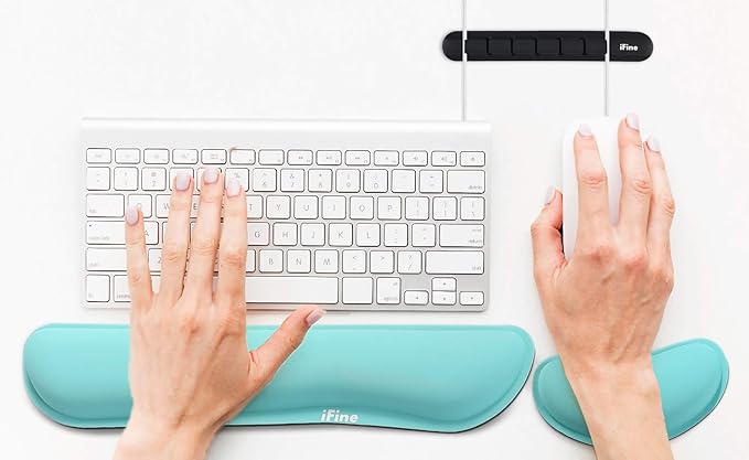iFine Upgrade Cleanable PU Leather Keyboard Wrist Rest Pad &amp Mouse Wrist Cushion Support for School Home Office Computer Laptop Mac Waterproof Lightweight Comfortable Pain Relief Typing (Min