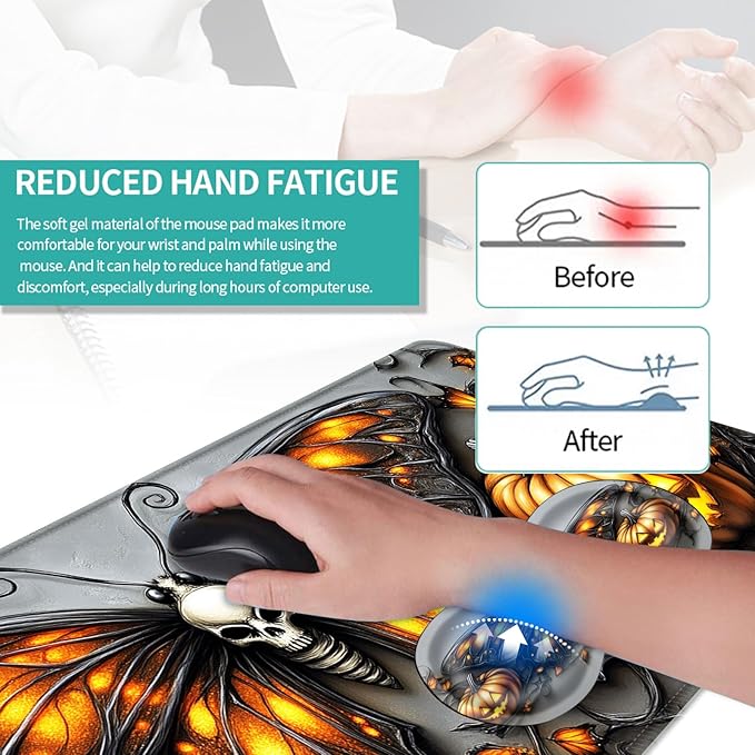 Keyboard Mouse Pad Set Extended Gaming Mouse Pad+Ergonomics Keyboard Wrist Rest Support Memory Foam Easy Typing Pain Relief 4Pcs XL Ultra Thick Desk MatHalloween Butterfly Pumpkin