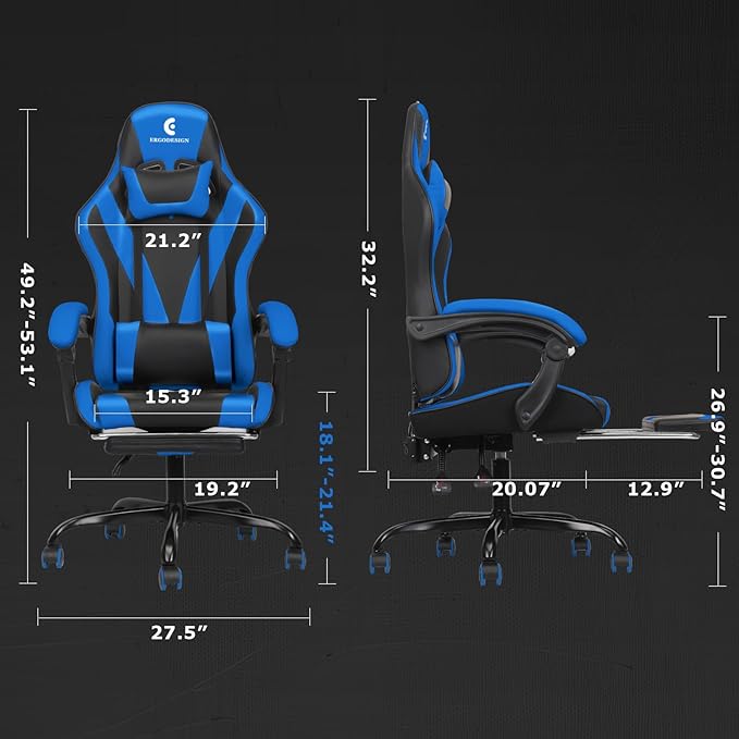 Gaming Chair with Linkage Armrest &amp Footrest High Back Video Gaming Chair Black/Blue