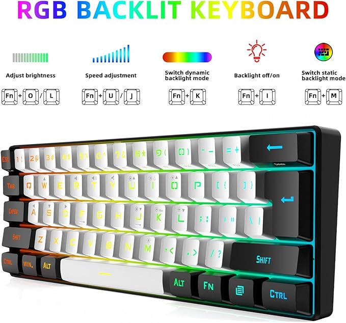 Portable 60% Mechanical Gaming Keyboard 61 Keys RGB Backlit USB Keyboard with Ergonomic Design USB Wired Keyboard for PC Travel (White Black)