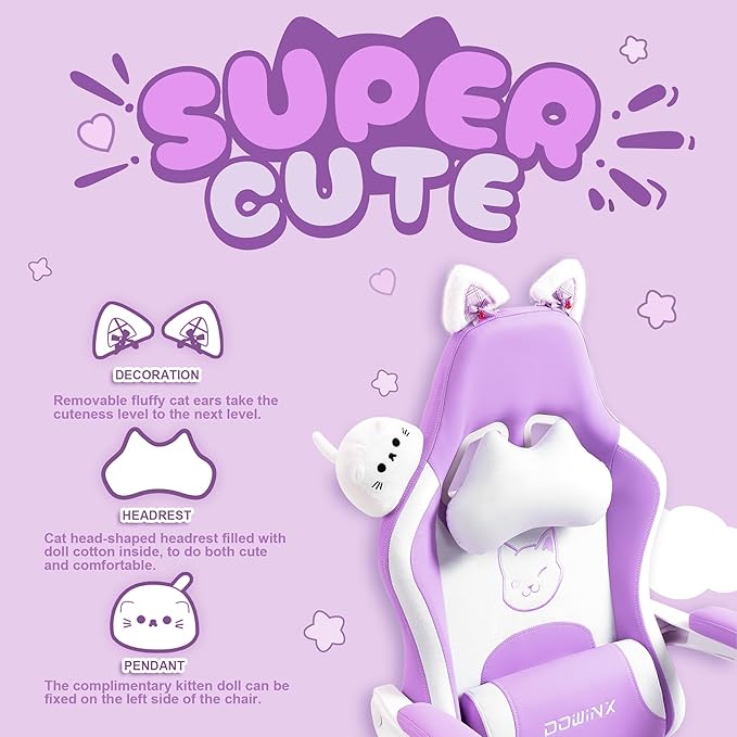 Dowinx Gaming Chair Cute with Cat Ears and Massage Lumbar Support Ergonomic Computer Chair for Girl with Footrest and Headrest Comfortable Reclining Game Chair 290lbs for Adult Teen Purple