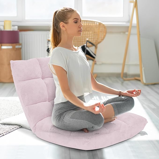 GOFLAME 14-Position Folding Floor Chair Padded Gaming Lazy Sofa Chair with Adjustable Backrest Couch Recliner Sleeper Bed Lounge Chair for Reading Gaming Meditating (Light Pink)