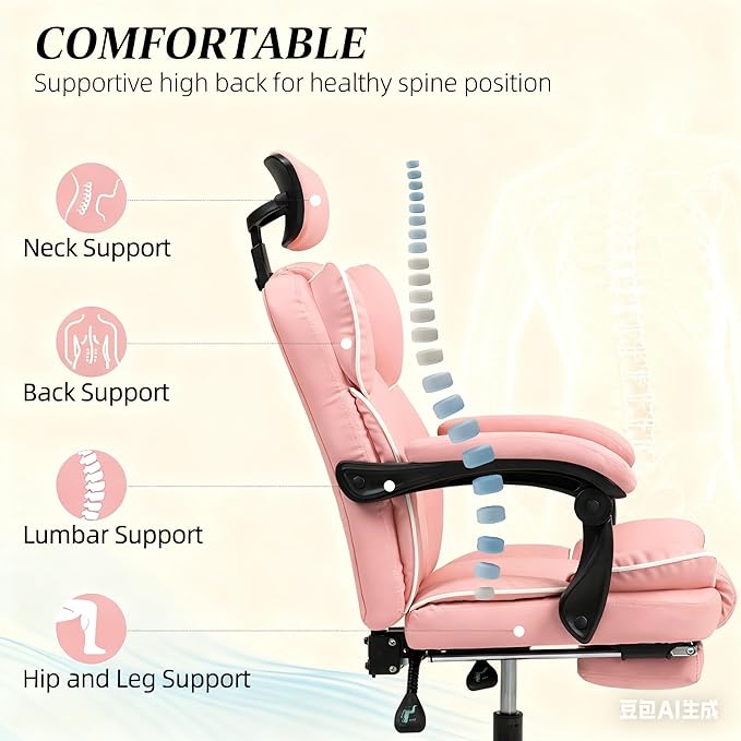 Adjustable Pink PU Leather Gaming Chair - 135° Recline Built-in Footrest 360° Swivel for Home/Office