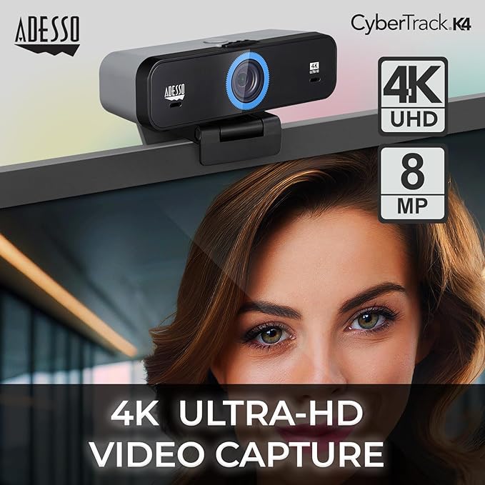 Adesso CyberTrack K4 4K Ultra HD Fixed Focus USB Webcam with Adjustable Field of View Angle Built-in Dual Microphones Privacy Audio/Video Switch &amp Tripod Mount