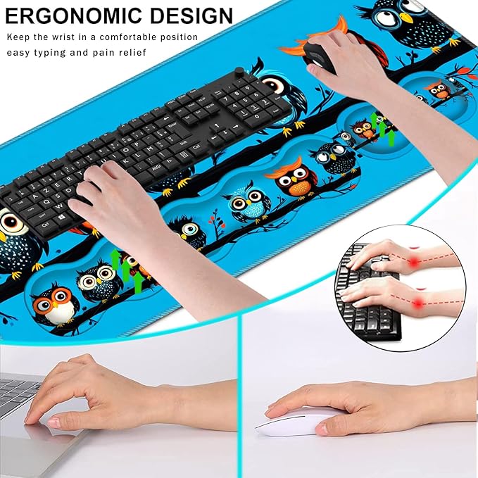 Keyboard Wrist Rest and Mouse Pad with Wrist Support Set Ergonomic CoasterMemory FoamEasy Typing Pain ReliefLarge XL Desk Mat 31.5x 11.8Cute Owls on a Branch