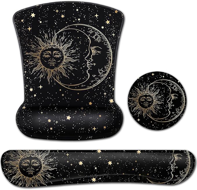 Black Mouse Pad with Stitched Edge Non-Slip Rubber Base Mythic Celestial The Sun and Moon Twelve Constellations Office Accessories Desk Decor for Computers Laptop Memory Foam Keyboard Wrist Rest