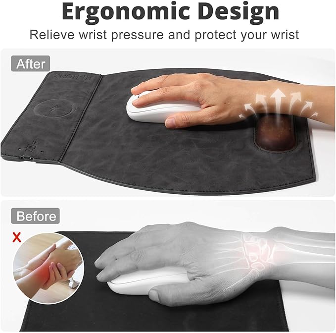 Magnetic Wireless Charging Mouse Pad with Ergonomic Design Mousepad with Wrist Support Foldable Mousepad with Wrist Rest for Computer Laptop Office &amp Home 14 x 12.1 in Grey