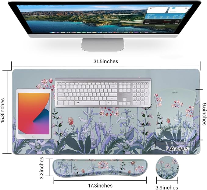 MEGREZ 4-in-1 Ergonomic Memory Foam Wrist Rest Set Desk Pad Mouse Pad with Wrist Rest Keyboard Pad Suitable for Office Workers Programmers &amp Gamers–Relieve Typing &amp Gaming Fatigue Blue G