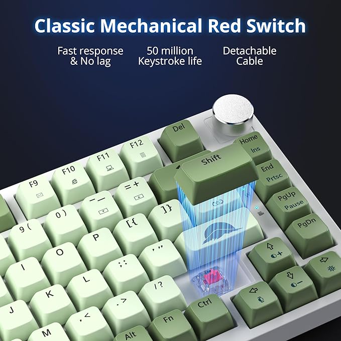 Fogruaden 75% Mechanical Gaming Keyboard - 75 Percent Matcha Hot Swappable Gasket Mount Red Switch RGB Backlit 82 Keys TKL Mechanical Keyboard with Knob