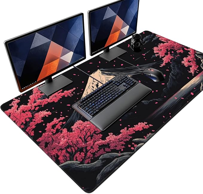Extra XXXL Japanese Cherry Blossom Gaming Mouse Pad Watercolor Mouse Pads Keyboard Mat Stitched Edges Mousepad Non-Slip Rubber Base Desk Mat for Office &amp Home (48x24 Inch)