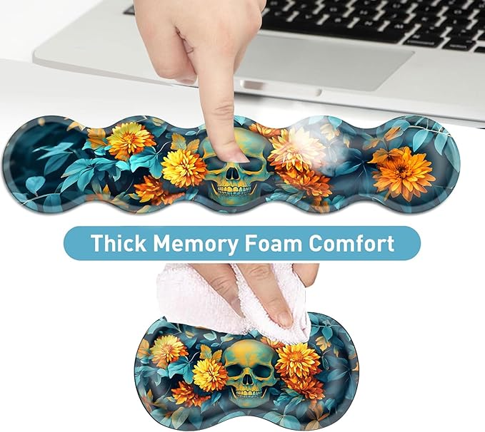 Keyboard Mouse Pad Set Extended Gaming Mouse Pad+Ergonomics Keyboard Wrist Rest Support Memory Foam Easy Typing Pain Relief 4Pcs XL Ultra Thick Desk MatSkull with Yellow Flowers