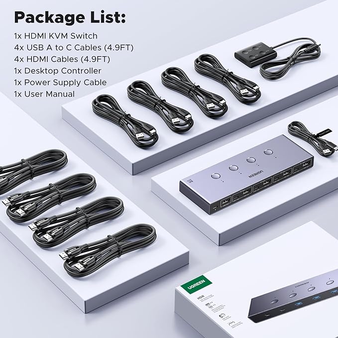 UGREEN 8K@60Hz HDMI KVM Switch 4 Computers with 4 USB 3.0 Ports Aluminum KVM Switches Share One Monitor Keyboard Mouse Hard Drives Printer with 4 HDMI Cables 4 USB Cables and Desktop Controller