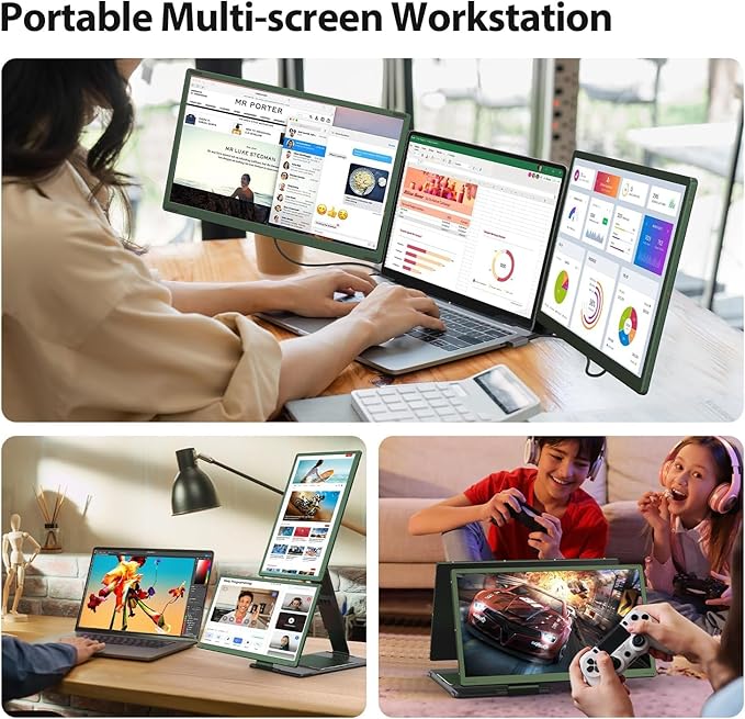 15.6’’ Triple Laptop Screen Extender Monitor Portable DIY 1080P FHD Portable Dual Monitor with USB C HDMI Plug-Play 360° Rotation Detachable Tri-Screen for Mac/Wins/Android/Dex