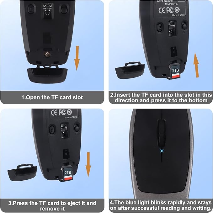 Bluetooth Mouse Rechargeable Portable Mini Computer Mice with TF Card Reader 3 Adjustable DPI Optical Lightweight Silent Wireless Mouse for Laptop Tablet Cell Phone Windows Mac OS Android iOS Grey
