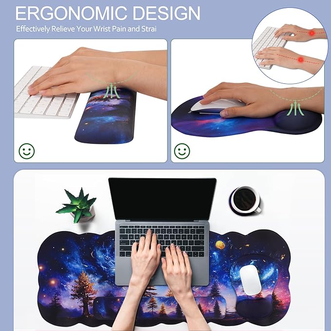 Petmolico Wrist Rest Set with Computer Keyboard Desk PadMouse Wrist RestKeyboard Typing Wrist Pad and Cup CoastersErgonomic Design for Typing Pain Relief [Blue Aurora Night Sky]