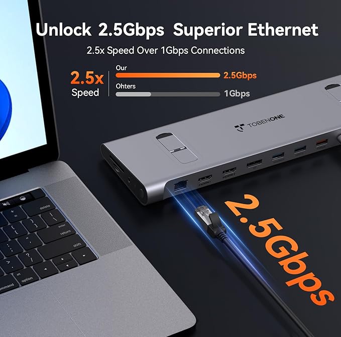 TobenONE 16-in-1 USB-C Docking Station 3 Monitors &amp Dual Monitor2 HDMI+DP+6 USB Ports for Office &amp Home UseCapable of 100W Power Supply &amp 2.5Gbps Ethernet Used with Dell/HP/Lenovo
