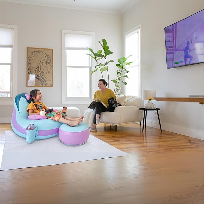 Inflatable Gaming Chair for Kids – Supports Up to 300 lbs Includes Air Pump Cup Holder 2 Pockets – Durable Bean Bag Seat Comfy Kids Gaming Chair &amp Top Gamer Chairs for Kid Room