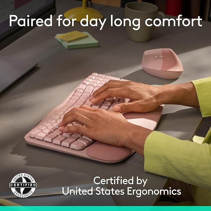 Logitech Wave Keys &amp Lift Vertical Mouse - Ergonomic Wireless Keyboard and Mouse Combo - with Cushioned Palm Rest Easy-Switch Bluetooth for Multi-OS Windows/Mac - Rose