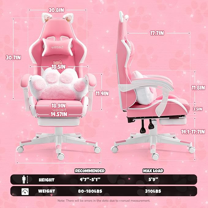 Cute Gaming Chair for Girl Ergonomic Cat Computer Chair with Armrests High Back Video Game Chairs with Footrest and Massage Lumbar Support for Teen &amp Woman Adjustable Height (Pink)