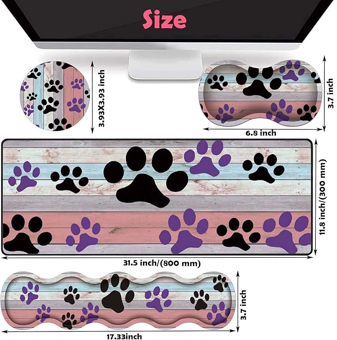Large Gaming Mouse Pad Keyboard Wrist Rest + Mouse Wrist Pad + Coaster Combination Set Memory Sponge Non-Slip Base. Suitable for Office and Home Rainbow Wood Grain Black and Purple Dog paw