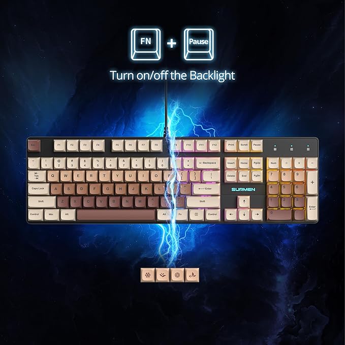surmen Brown Wired Mechanical Keyboard Full-Size 104-Key RGB Thocky Keyboard with Number Pad USB Retro PBT Keycaps for Win Gaming/Office (104 Coffee)