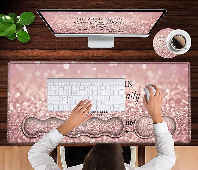 Keyboard Mouse Pad SetExtended Gaming Mouse Pad + Memory Foam Keyboard Wrist Rest Support Proverbs 31:25 Bible Pink Office Desk Mat Writing Pad Easy Typing Pain ReliefXXL Large Mousepad Desk Mat