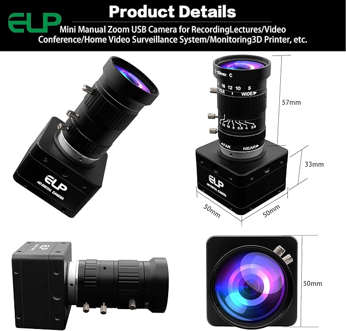 ELP Ultra HD 20MP Varifocal USB 3.0 Camera for Computer Manual Zoom 3840P USB3.0/2.0 Lightburn Cameras for Windows Linux Mac Pi 5-50mm 10X Variable Focus AR2020 High Speed 4K 30FPS Webcam for PC