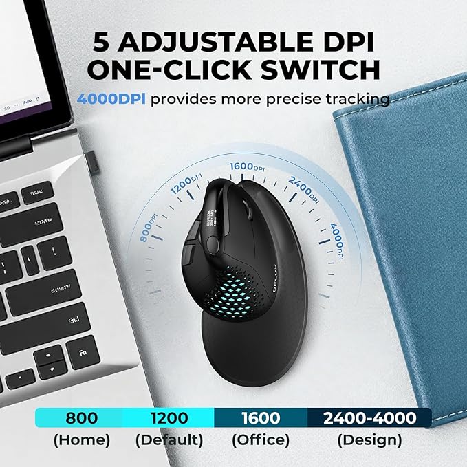 DELUX Seeker Ergonomic Mouse Wireless Vertical Mouse with OLED Screen 6 Buttons&ampThumb Wheel Function Silent Click Up to 7200DPI Programmable Rechargeable BT/2.4G/Wired RGB Light(M618XSD-Bl