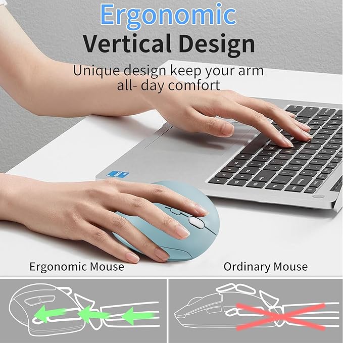 Wireless Silent Ergonomic Vertical Mouse - Dual Mode 2.4G/Bluetooth Rechargeable Type C Pain Relief for Office and Home Use Compatible with Laptop &amp PC (Green)