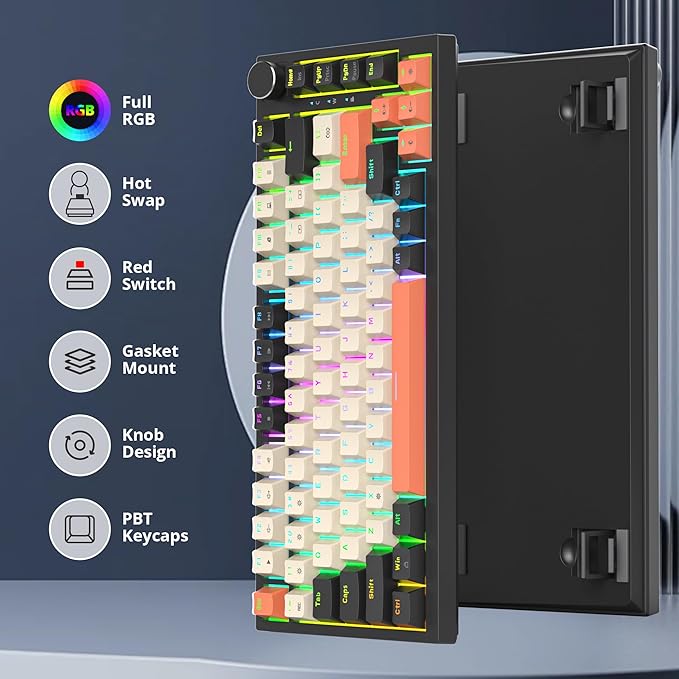 75 Percent Keyboard Gasket-Mounted with Sound Absorbing Pads 82-Key Compact Wired RGB Mechanical Gaming Keyboard Hot-Swap Socket for Win Carbon