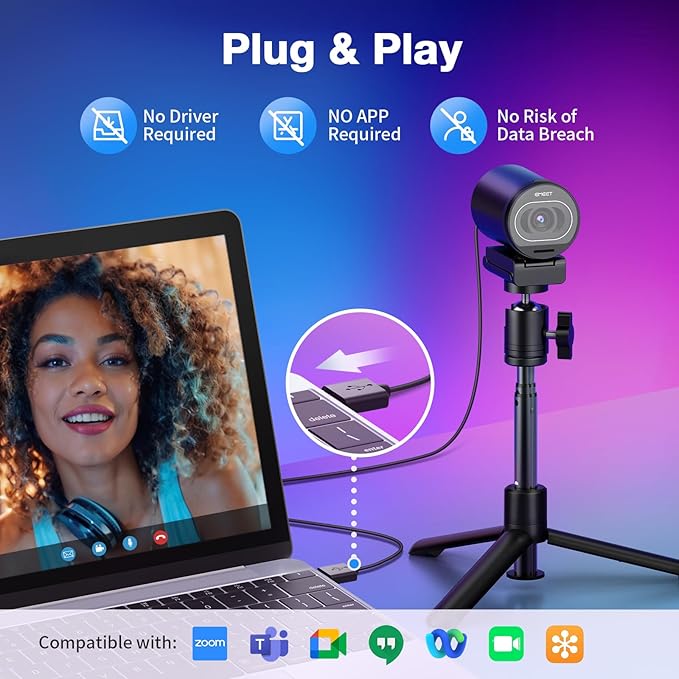 EMEET S600 4K Webcam with Tripod for Streaming - Sony 1/2.55'' Sensor PDAF Autofocus 1080P@60FPS 2 Noise Reduction Mics Built-in Privacy Cover 73° FOV Streaming Webcam for Product/Game/Beauty
