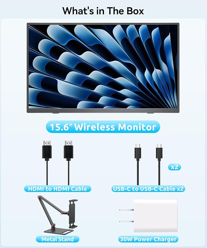 Wireless Portable Monitor for Laptop 15.6 Portable Monitor with Battery-1080P FHD Second Screen for Home &amp Office AirPlay &amp Miracast Casting No Cables or Drivers Needed(with Stand)