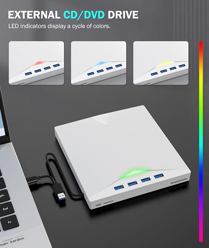External CD/DVD Drive for Laptop PC8 IN 1 LED Portable DVD Drive CD Burner CD-ROM DVD-/+RW Writer Reader with TF/SD Card SlotsUSB 3.0 DVD Drive ExternalCompatible with MacWindows 11/10/8/7Linux