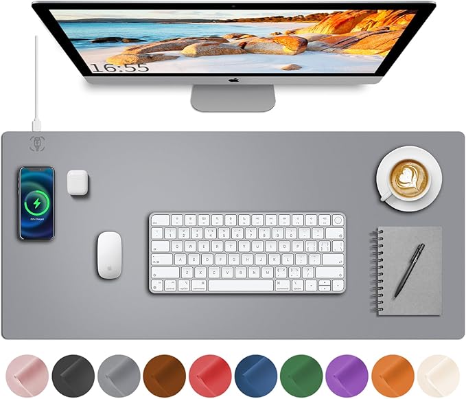 Desk Mat with Wireless Charging Grey Mouse Pad with Wireless Charger Desk Pad Matt for Desktop Mousepad Gaming Large Mouse Pad Leather Compute for Keyboard and Mouse 32 x 16