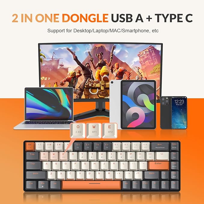 MAGIC-REFINER RK68 60% Wireless Mechanical Keyboard Bluetooth 5.0/2.4GHz with Dual Mode 2-in-1 Receiver Compact 68-Key Hot Swappable Gaming Keyboard Linear Red Switch for PC Mac Xbox Smartphone