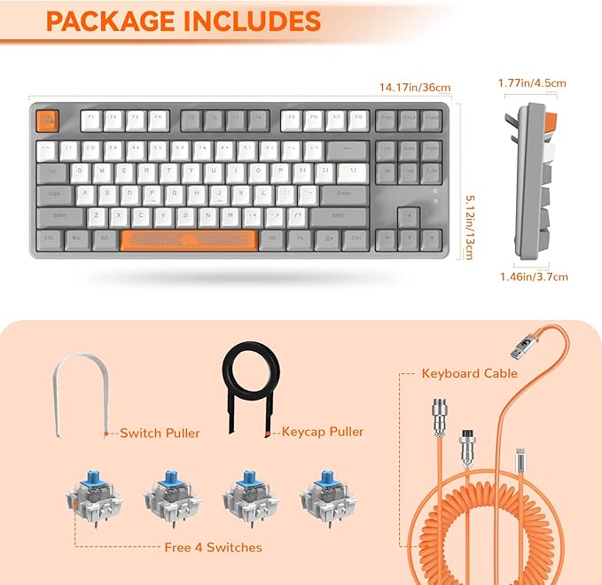 MAGIC-REFINER AK873 Wired 75% TKL Gaming KeyboardHot-Swappable Blue SwitchPBT KeycapRainbow Led BacklitErgonomic Mechanical Keyboard+Custom Coiled USB/Type-C Aviation Cable for PC/Mac (Gray White)