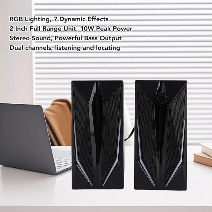 ASHATA 1 Pair Speaker for Laptop 3W Computer Speakers for Laptop PC RGB Lighting USB 3.5mm Interface 160Hz to 20KHz Frequency Response Plug and Play