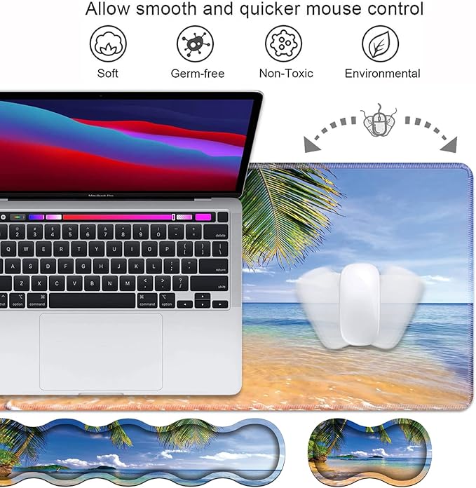 Ergonomic Keyboard Wrist Rest &amp Mouse Pad Wrist Rest Set Large XXL Gaming Desk Mat 31.5x 11.8 Non-Slip Base Memory Foam Easy Typing Pain Relief for Office &amp Home Shore Palms Tropical Be