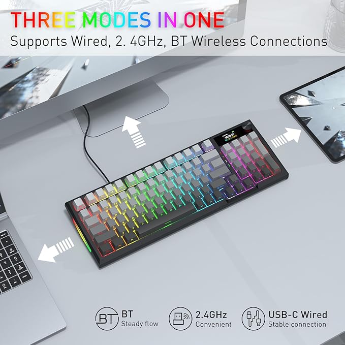Redragon Wireless Mechanical Keyboard Gasket RGB Gaming Keyboard with Screen &amp Knob Tri-Mode BT5.0/2.4G/USB-C 95 Keys Hot Swappable Side Printed PBT Keycaps Thick Pre-Lubed Linear Switch K72