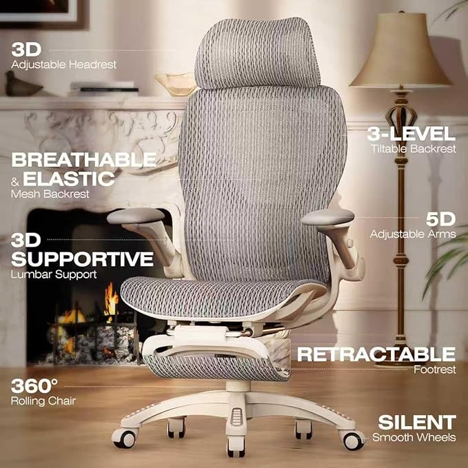 ELABEST X100 Ergonomic Office Chair with Footrest Big and Tall Home Desk Chair with 5D Flip-Up Arms Adjustable 3D Lumbar SupportHigh Back Rolling Computer Chair Swivel Mesh Chairs (Frosted Dawn)