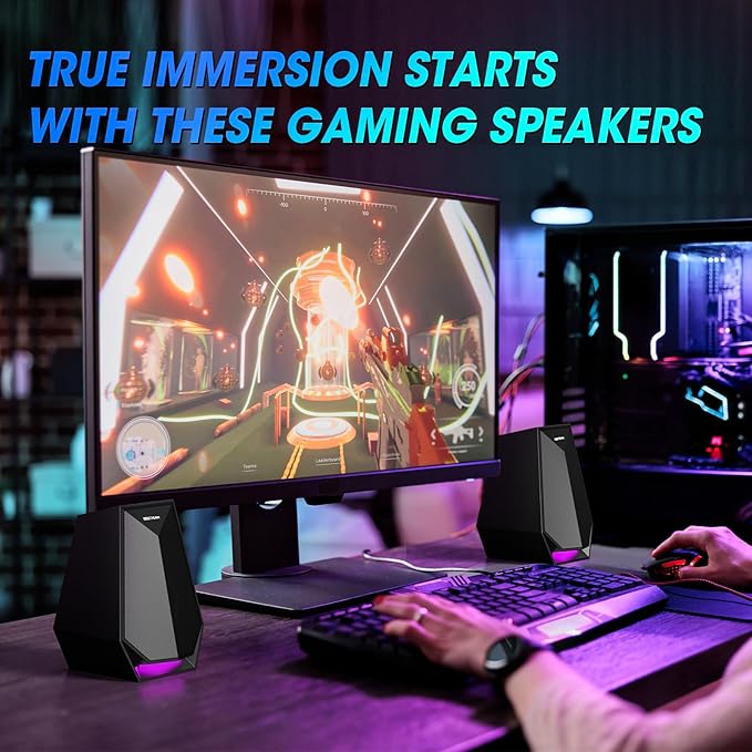 BESTISAN Computer Gaming Speakers for Desktop PC - 30W Powered Monitor Speakers with Bluetooth/AUX/Type-C Connections 6 Colorful Lights Compatible with Monitor Gaming Setup &amp Laptop