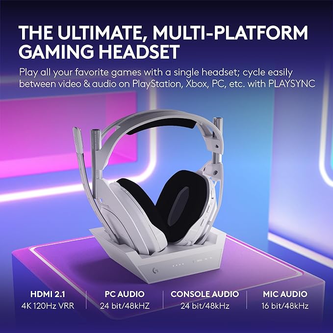 Logitech G Astro A50 X Multi-Platform Wireless Gaming Headset + Base Station for PS5/Xbox/PC: PLAYSYNC Video &amp Audio Switcher HDMI 2.1 4K 120Hz VRR &lt24bit/48kHz 24hr Battery 2.4GHz &amp BT